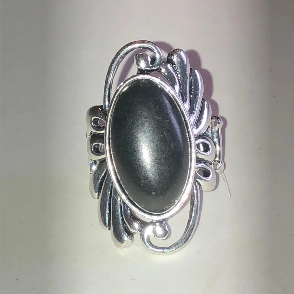 Silver Tone Black Oval Faux Stone Boho Statement Ring